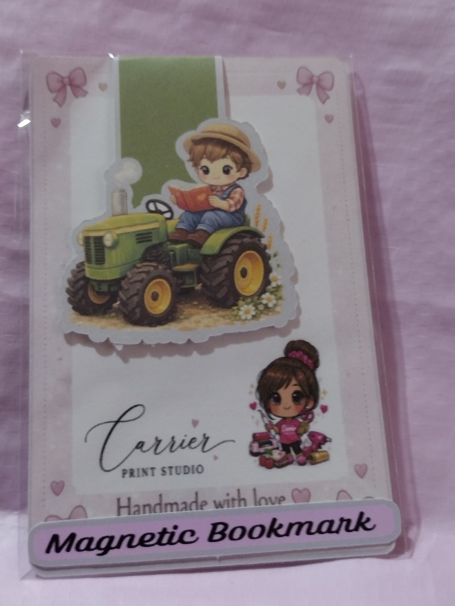BOY READING ON GREEN TRACTOR MAGNETIC BOOKMARK FARM COLLECTION