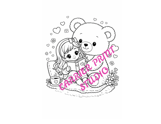 PRINTABLE COLORING PAGE TEDDY AND GIRL