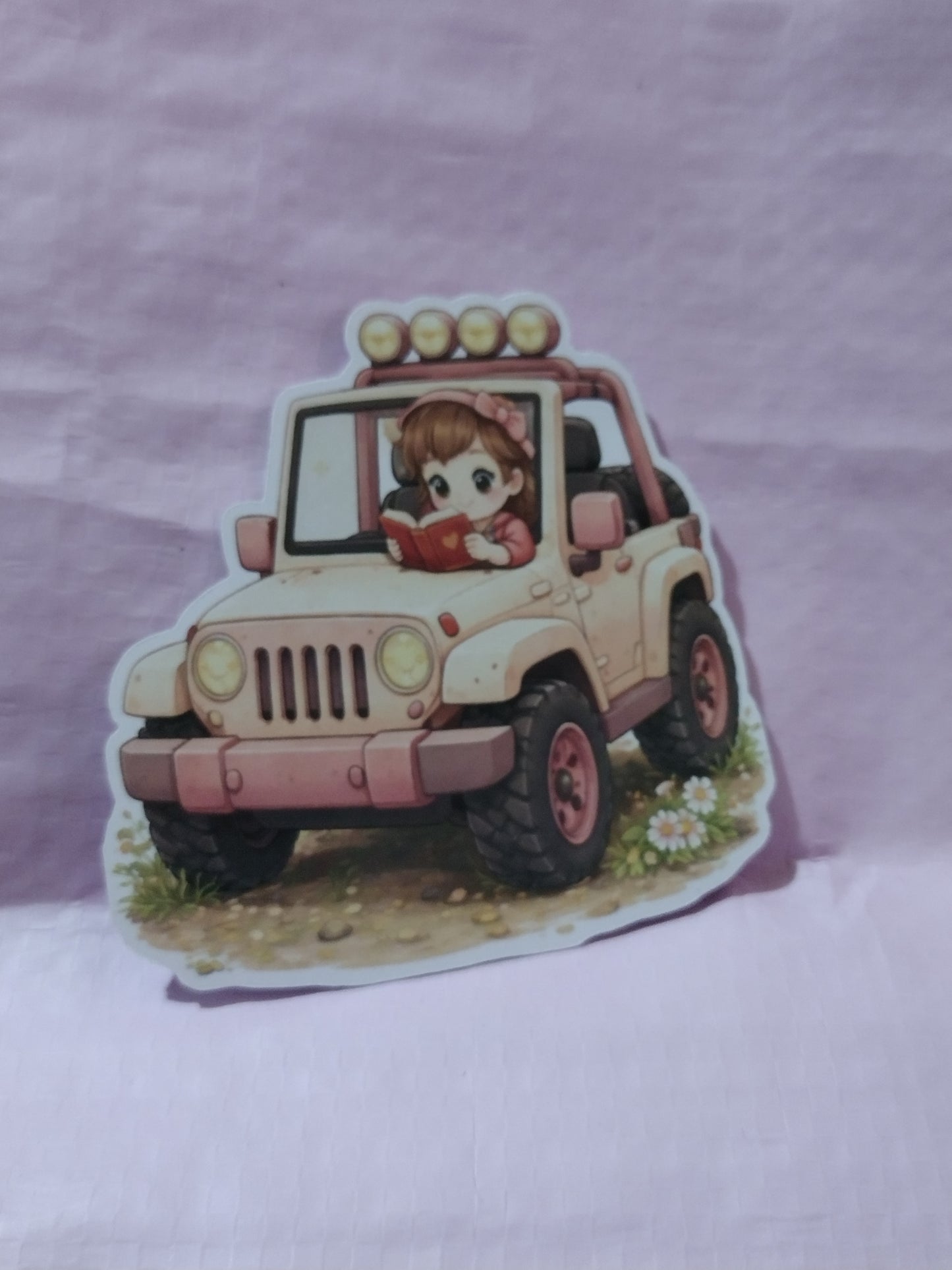 GIRL IN PINK JEEP READING 3X3 DIE CUT STICKER