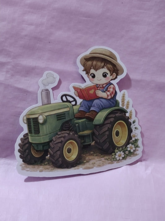 BOY READING ON GREEN TRACTOR 3X3 DIE CUT STICKER FARM COLLECTION