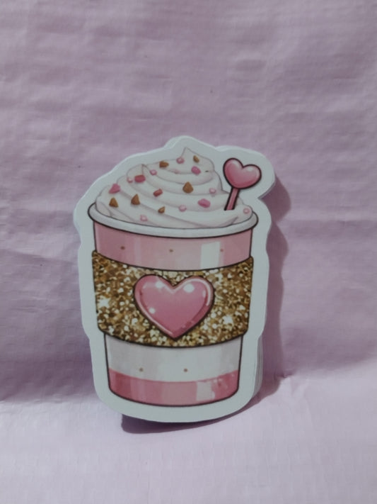 MILKSHAKE IN PINK AND GOLD CUP WITH PINK HEARTS 2X3 DIE CUT STICKER