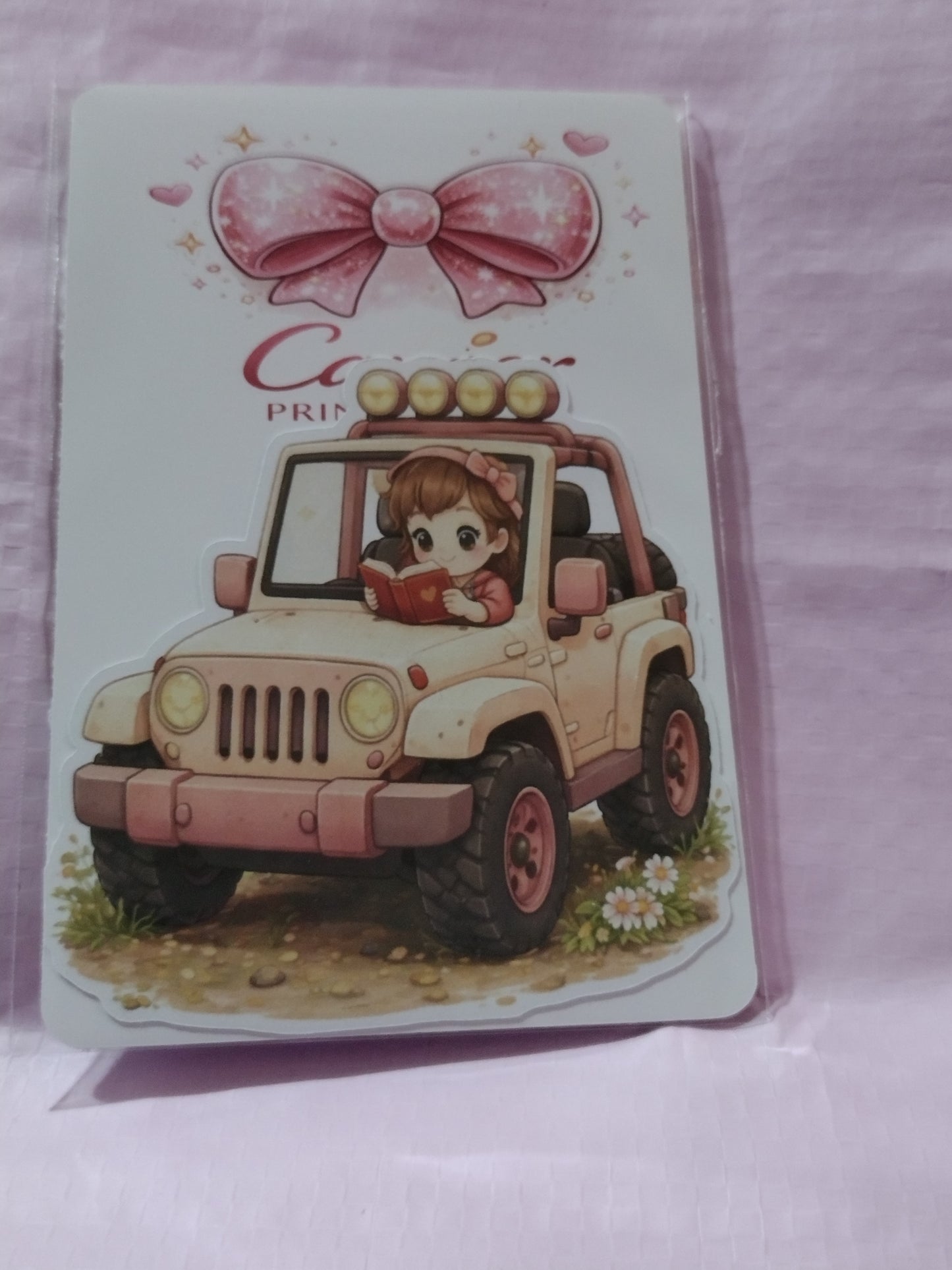 GIRL IN PINK JEEP READING 3X3 DIE CUT STICKER