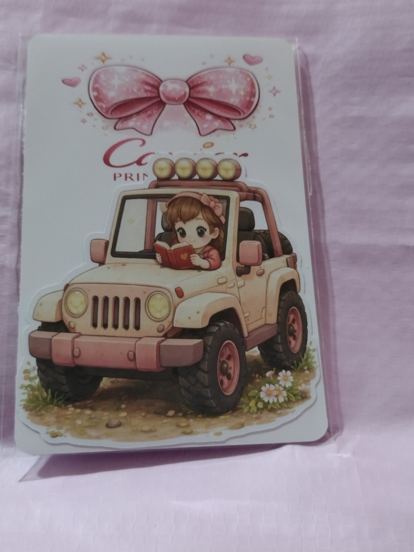GIRL IN PINK JEEP READING 3X3 DIE CUT STICKER