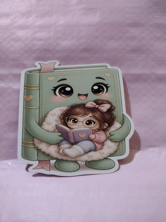 3x3 in Die cut sticker ,A book holding a girl reading cozy collection